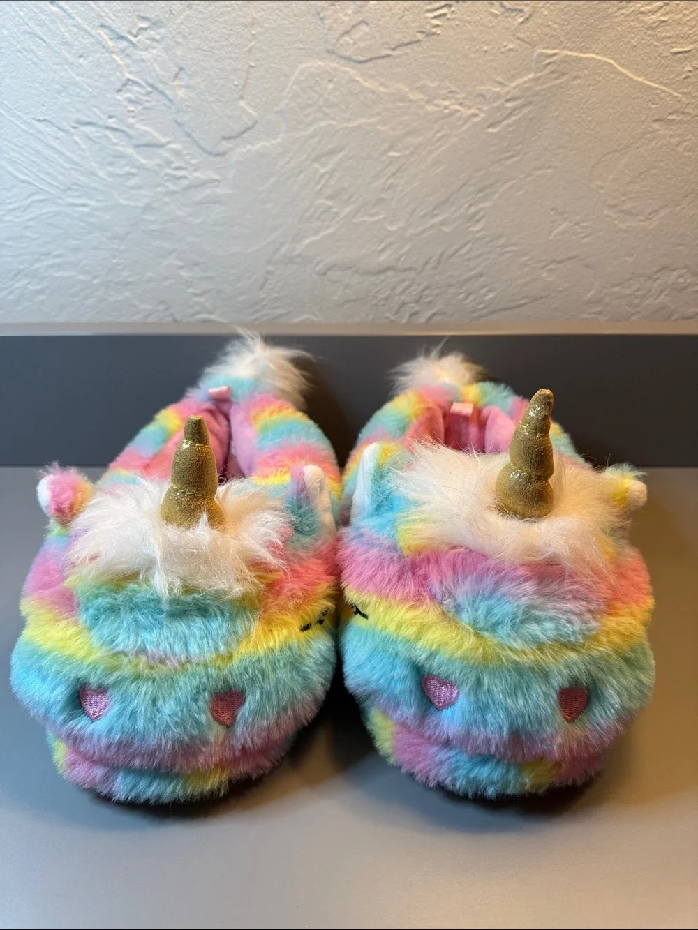 Wonder Nation Pastel Rainbow Unicorn Little Girl Slippers - Pink, Blue, Yellow